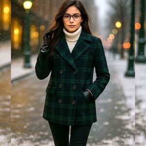 Old Navy Women’s Small Wool Blend Plaid Peacoat Green Black Double Breasted Coat